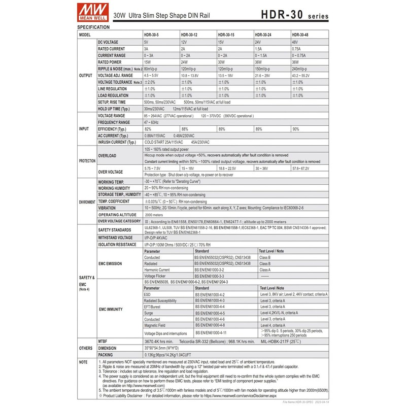 HDR-30-24 Genuine Mean Well DIN Rail Power Supply 24V 1.5A