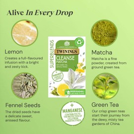 Twinings Superblends Cleanse Tea - Green Tea Herbal infusion with Matcha, Lemon & Fennel Seeds with Manganese- 20 Biodegradable Tea Bags