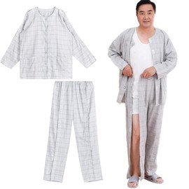 KUMUROETA Nursing Care Pajamas, For Spring and Summer, Unisex, 100% Cotton, Full Open Velcro for All Year, For Bedriding, Hospitalized, Assisted with Change of Clothes, Paralyzed Elderly, gray