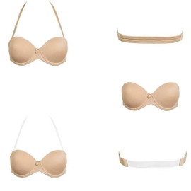 Plusexy Womens Strapless Underwire Bra Push Up Invisible Multiway Wedding Bras with Clear Back Straps Nude 34C