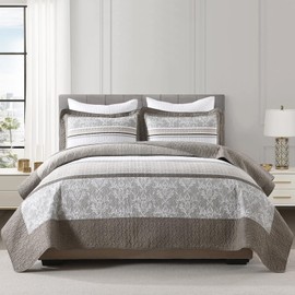 Finlonte 100% Cotton Quilt Set, Striped Floral Lightweight Reversible Quilted Bedspreads, 3-Piece, Gray/White, Queen Size