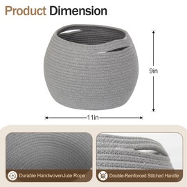 MEGASKET Gray Storage Basket for Decor, Round Plant Basket Indoor, Cute Baby Nursery Organizer, Small Wicker Cat Dog Toy Bin Box, Decorative Woven Cotton Rope Closet Bin, Kids Stuffed Animals Storage
