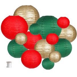 zilue Paper Lanterns Decorative, Round Hanging Paper Lanterns Decorations for Christmas Graduation Anniversary Birthday Party Supplies Green/Red/Gold 15pcs