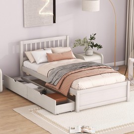 Harper & Bright Designs Twin Size Platform Bed Frame with Storage Drawers Underneath,Wood Kids Twin Size Bed with Headboard, No Box Spring Needed, White Washed