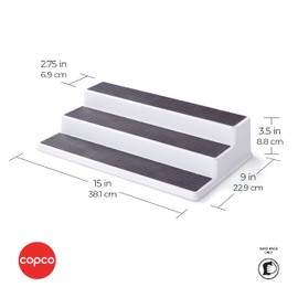 Copco 3-Tier Non-Skid Spice Rack Organizer for Kitchen Cabinet or Pantry, 15-Inch Tiered Shelf, White/Gray, Slip-Resistant Design for Jars and Bottles