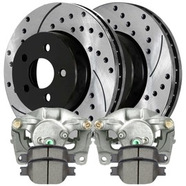 AutoShack Front Drilled and Slotted Brake Rotors Calipers and Performance Ceramic Pads Kit Set Driver and Passenger Side Replacement for 2005-2010 Scion tC 2000-2005 Toyota Celica 2.4L FWD BCPKG0241