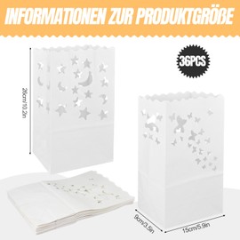 36 Stück Lichttüten, Weiß Lichtertüten,Herz, Sterne, Mond, Sonne, Doppelte Liebe, Feuerwerk, Schmetterling, Kerzentüten Papierlaternen für Birthday, Hochzeit, Weihnachtsfeier (26 x 15 x9cm)