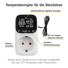 Offgridtec Temperature Controller for Socket with Digigtal Display and External Sensor (50 cm)