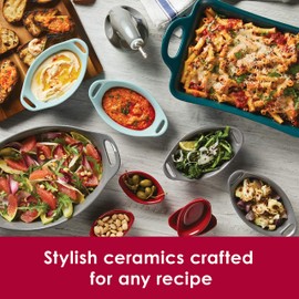 Rachael Ray Solid Glaze Ceramics Dipping Cups / Ramekin Set for Snacks, Desserts, and More, Oval - 4 Piece, Red