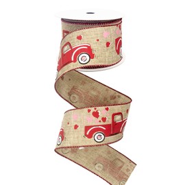 Valentine's Day Wired Ribbon, 2.5" 10 Yards Red Truck Burlap Ribbon for Gift Wrapping Red Pink Heart Buffalo Ribbon for Home Decor, Gift Wrapping, Tree Topper Bow, Wreath, Wedding, DIY Crafts