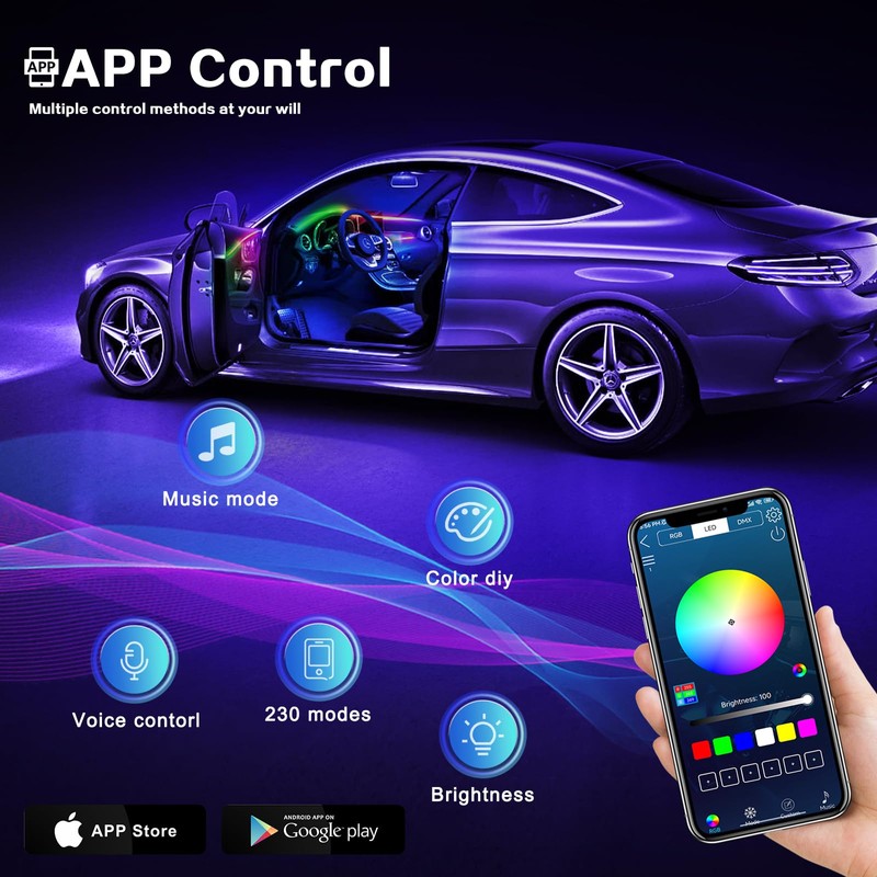 Dreamcolor Acrylic Interior Car LED Strip Light with Wireless APP,