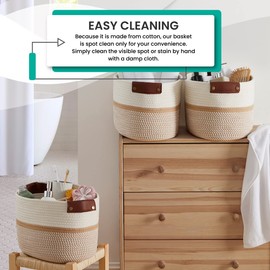 Organizix 3 Pack Cotton Rope Storage Basket Woven Shelf Storage Bin with Faux Leather Handles, Decorative Closet Shelf Woven Basket for Storage Organizers, 15 x 10 x 9, White/Brown
