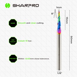 SHARPRO Tapered Ball Nose End Mill 1/8” Shank 8 Deg 1mm Tip Quark Smooth Coated Carbide CNC Spiral Router Bits for Wood & Metal Carving Engraving (5PCS)