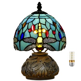 Small Tiffany Lamp Stained Glass Table Lamp Mini Accent Lamp Handmade Mushroom Desk Memory Lamp Sympathy Bedside Night Light 8X11.5 Inch (Sea Blue Dragonfly Style)