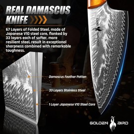 Golden Bird Damascus Steel Knife for Kitchen and Outdoor - Hand Forged Chef Camping Knife with Resin Handle & Wood Sheath, All Purpose Cooking Survival Hunting Knives,Gift for Men & Women