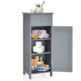 COSTWAY Bathroom Storage Cabinet, Single Door Floor Cabinet with Drawer and 3-Level Adjustable Shelves, Modern Side Storage Organizer with Anti-tipping Device for Living room, Bedroom (Gray)