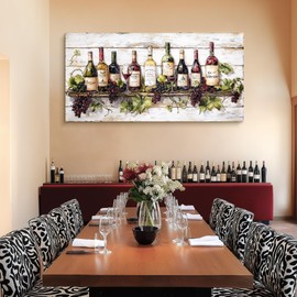 crmotu Still Life Kitchen Wall Art, Wine Bottle Extra Large Artwork, French Country Home Bar Decor Paintings, Modern Home Wall Decor Dining Room Wine Cellar Canvas Art Prints Ready to Hang 29x57inch