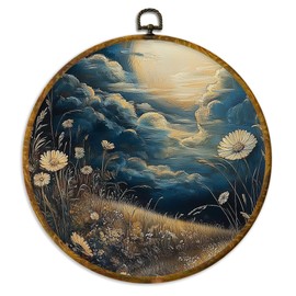 XPH Cottagecore Floral Botanical Round Wall Art Framed, Abstract Rustic Wildflower Circle Wall Decor, Vintage Farmhouse Flower Hanging Canvas Prints for Home Office Decoration, 10x10 Inch