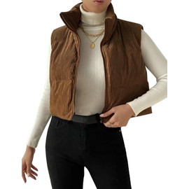 Gihuo Women's Corduroy Puffer Vest Cropped Stand Up Collar Zip Up Down Vest Quilted Sleeveless Jackets Gilet(Brown-XL)