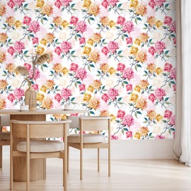 VaryStyle Watercolor Pink/Yellow Floral Peel and Stick Wallpaper Rose Branches Floral Wall Paper for Bedroom Bathroom Waterproof Vinyl Murals Removable Contact Paper for Walls Shelf Liner 17.7"x118"
