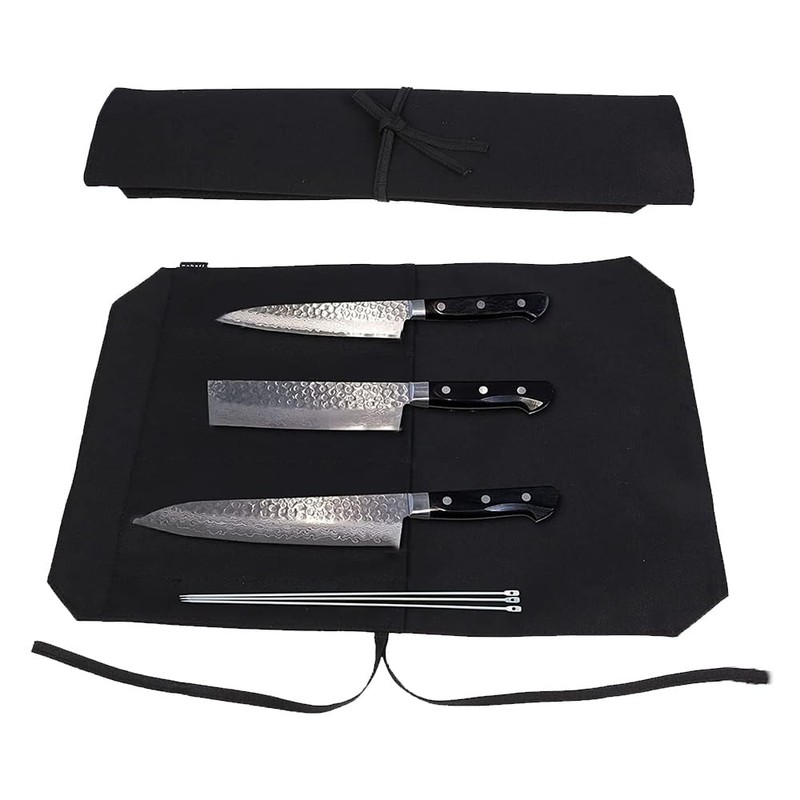 包丁ケース 帆布製 軽量 持ち運び 布巻き 包丁巻き キャンプ アウトドア 料理教室 業務用（ブラック）