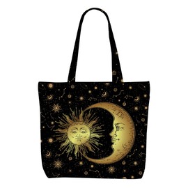 Sun and Moon Mystic Canvas Tote Bag Boho Aesthetic Canvas Bag with Pocket for Shopping Work Gym Large Reusable Grocery Bags Astrology Gifts for Women Girls Coworker Appreciation Birthday Christmas