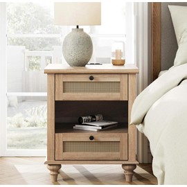 WAMPAT Rattan Nightstand with Charging Station for Bedroom, Small Side Table End Table with 2 Drawers & Open Shelf, Farmhouse Wooden Night Stand Retro Bedside Table for Living Room, Light Oak