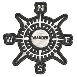 Compass Wander 3.5" Black Embroidered Patch DIY Iron or Sew-on Decorative Vacation Souvenir Applique Wander Nature Wildlife Hike Trek Camping Explore Mountains Stars Moon National Park Scout Guide