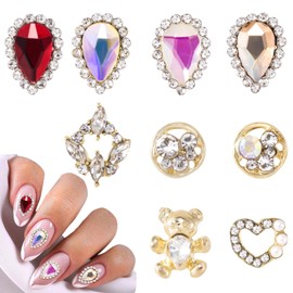 HINZIC 22 Pcs Rhinestones Pearl Heart Nail Charm Sparkling 3D Laser Waterdrop Nail Gems Colorful Gummy Bear Acrylic Nails Art Decoration for Women Girls