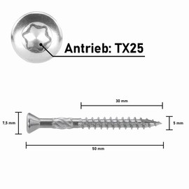 Terrace Screws 5.0 x 50 - 100 Pieces - Hardened Stainless Steel, ETA Approval, TX 25 with Friction Part, Cut Tip