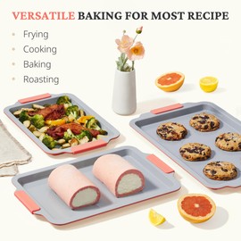 BRONYPRO Non Stick Ceramic Baking Sheet Pan Set of 3, Natural Non Toxic Cookie Sheets for Baking - PFOA, PTFE Free, Heavy Duty Aluminized Steel Oven Trays for Cooking with Silicone Handles, Coral