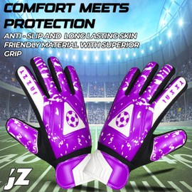 Jazzy Sports Goalkeeper Gloves for Youth, Kids Goalie Gloves with Double Wrist Protection, Non-Slip Latex Material, Adult Soccer Goalkeeper Gloves (Purple, Size 2 Suitable for 4-5 Years)