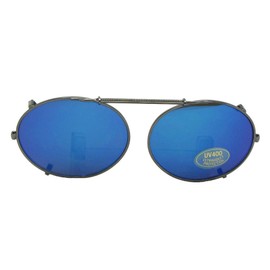 Oval Color Mirror Gray Lens Non Polarized Clip On Sunglasses (Pewter-Blue Mirror Gray Lens, 53mm Width x 39mm Height)
