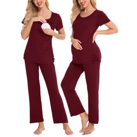 LecGee Women's Nursing Pajama Pants Set Maternity Sleepwear Maternity Gowns for Hospital Labor Wine Red