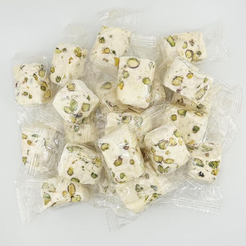 Soft White Nougat Candy, Individually Wrapped Pistachio Nougat, Divinity Candy