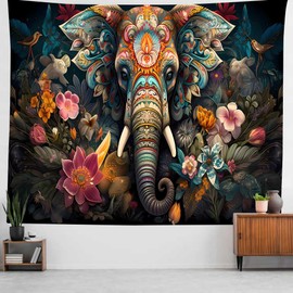 OSUNBD Boho Elephant Tapestry Psychedelic Hippie Wall Art Modern Aesthetic Trippy Golden Wall Hanging Large Size 100x90in for Bedroom Living Room Dorm