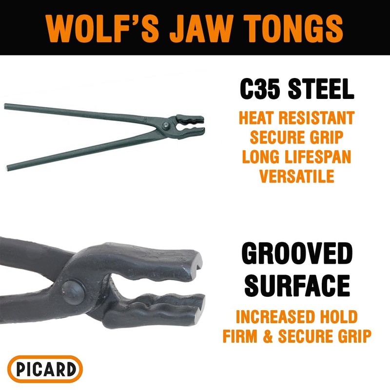 Picard Blacksmith Tongs, Wolf's Jaw, 16" Long - C35 Steel,