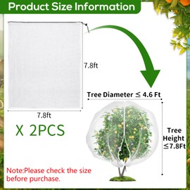 2PCS 7.8 x 7.8ft Large Fruit Tree Netting Cover with Zipper and Drawstring,Garden Insect Netting Plant Cover Transparent Bird Plant Barrier Flower Fruit Mesh Screen for Preventing Deer Squirrel Bug