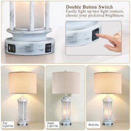 AIEAMPDO 25" Rustic Table Lamps Set of 2, Vintage Nightstand Lamps with 2 USB Ports, Farmhouse Antique White Desk Lamp with Glass Night Light for Living Room Bedroom Dorms, 4 Bulbs Included