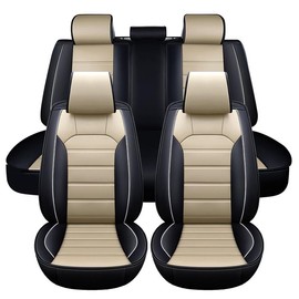 Leather Car Seat Covers,Breathable and Waterproof Faux Leather Automotive 5 Seats Covers for Cars SUV Truck Sedan,Universal Anti-Slip Driver Seat Cover  (Full Seat):_Beige