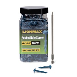 LIONMAX #8 x 1-1/4" Exterior Pocket Hole Screws, 600 PCS Pocket Wood Screws with Blue Coated, Coarse Thread, Square Drive, Weather Resistant,150MM Drive Bit Included