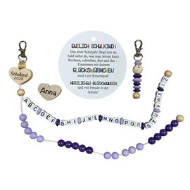 Personalisierte Einschulungsgeschenk-Set mit ABC-Rechenkette, Glückswürmchen und Holzherz, Schulanfang 2025, Schulkind 2025, Füllung Schultüte (Lila)