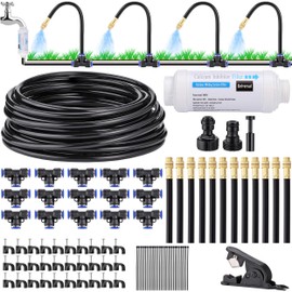 Mornajina Automatic Drip Irrigation Kits Garden Irrigation System, Includes Calcium Inhibitor Filter & 66FT 5/16 inch Irrigation Tubing Hose & 20Pcs 360° Bending Dropper Atomizing Mist Nozzles Tee