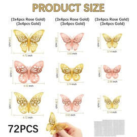72 PCS 3D Butterfly Wall Stickers, Gold and Rose Gold Butterfly Wall Decor 3 Styles 3 Sizes Removable Sticker Butterfly Cupcake Toppers, Wedding Birthday Party Decorations for Girls Bedroom Decoration