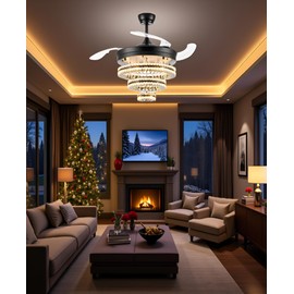 FKZNPJ 42-Inch Chandelier Ceiling Fans with Lights, Luxury Black Crystal Fandelier Ceiling Fan with Light and Remote Control, Quiet DC Motor, 6-Speed Reversible Chandelier Fan for Living Room, Bedroom