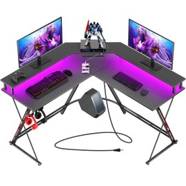 SEVEN WARRIOR L Shaped Gaming Desk with LED Lights & Power Outlets, 50.4” Computer Desk with Monitor Stand, Corner Desk with Carbon Fiber Surface, Gaming Table with Hooks, Black