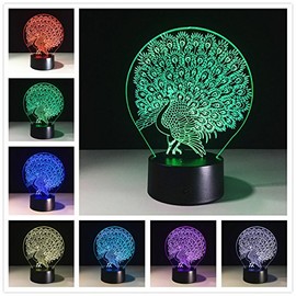 FXUSLGT 3D Peacock Night Light 16 Color Change LED Remote Control Table Desk Lamp Acrylic Flat ABS Base USB Home Decoration Toy Birthday Xmas Kid Children Gift