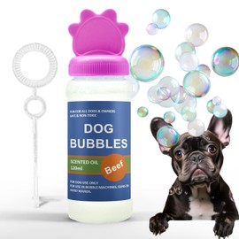 Petopedia Dog Bubbles PEANUT BUTTER and BEEF Safe Blowing Bubbles for Dogs SCENTED OIL Interactive Dog Toys for Boredom Puppy Toys to Large Dogs Toys (120ml, Beef (Pink))