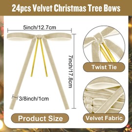 24 Pcs Ivory Velvet Bows for Christmas Tree Decor, Elegant Velvet Pre-Tied Ribbon Bows Door Garland Vintage Ornaments for Christmas, Wreaths, Gifts and Home Decoration (5x7 Inch, 3/8'' Wide)