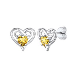 Heart Earrings with Birthstone, S925 Sterling Silver Yellow Gem Ear Jewelry November Birthstone Infinity Stud Earrings